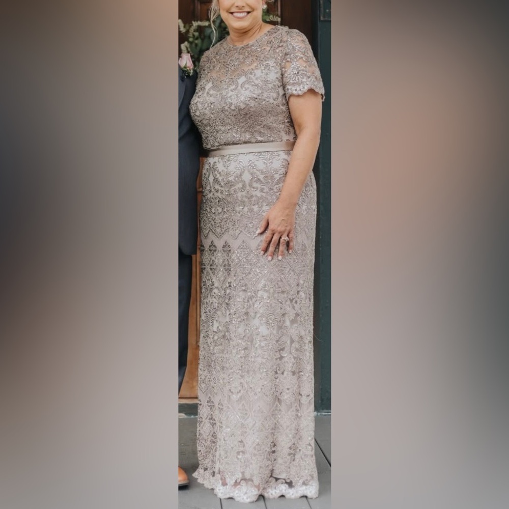 Tadashi Shoji Illusion Crew Neck Short Sleeve Ribbon Waist Sequin Lace Gown